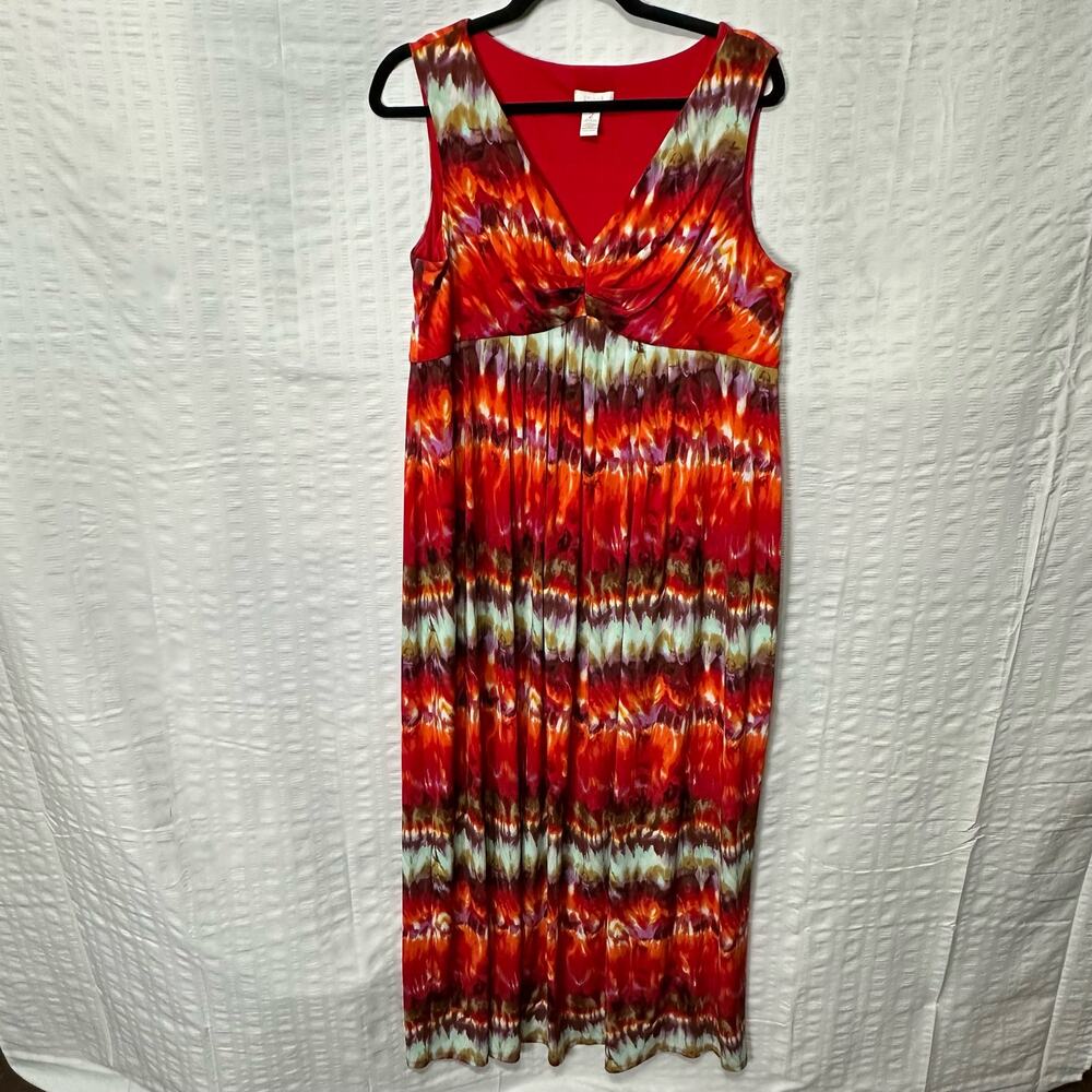 Chicos Dress Womens 2 (Large) Red Tie Dye Maxi Sleeveless Comfort Stretch Boho